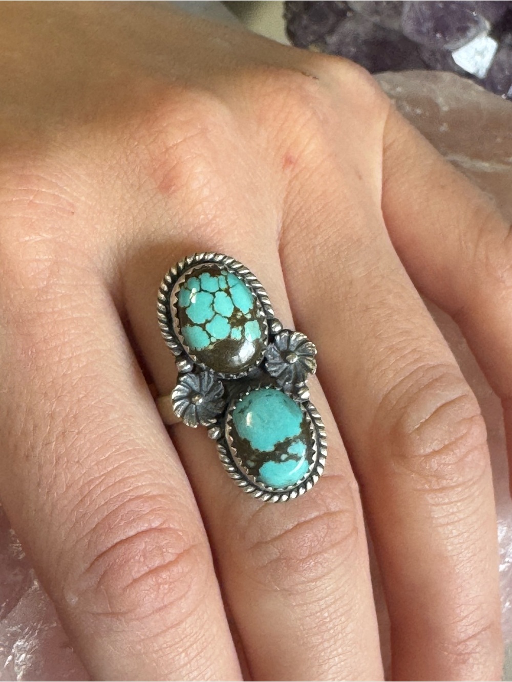 Number 8 Turquoise Double Stone Floral Sterling Silver Ring - Southwestern